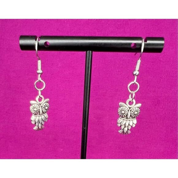Handmade Silver Dangly Feathered Owl Earrings - Picture 2 of 3